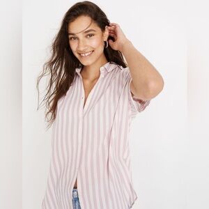 Madewell Central Tunic Shirt in Lavender Stripe Short Sleeve Button Up